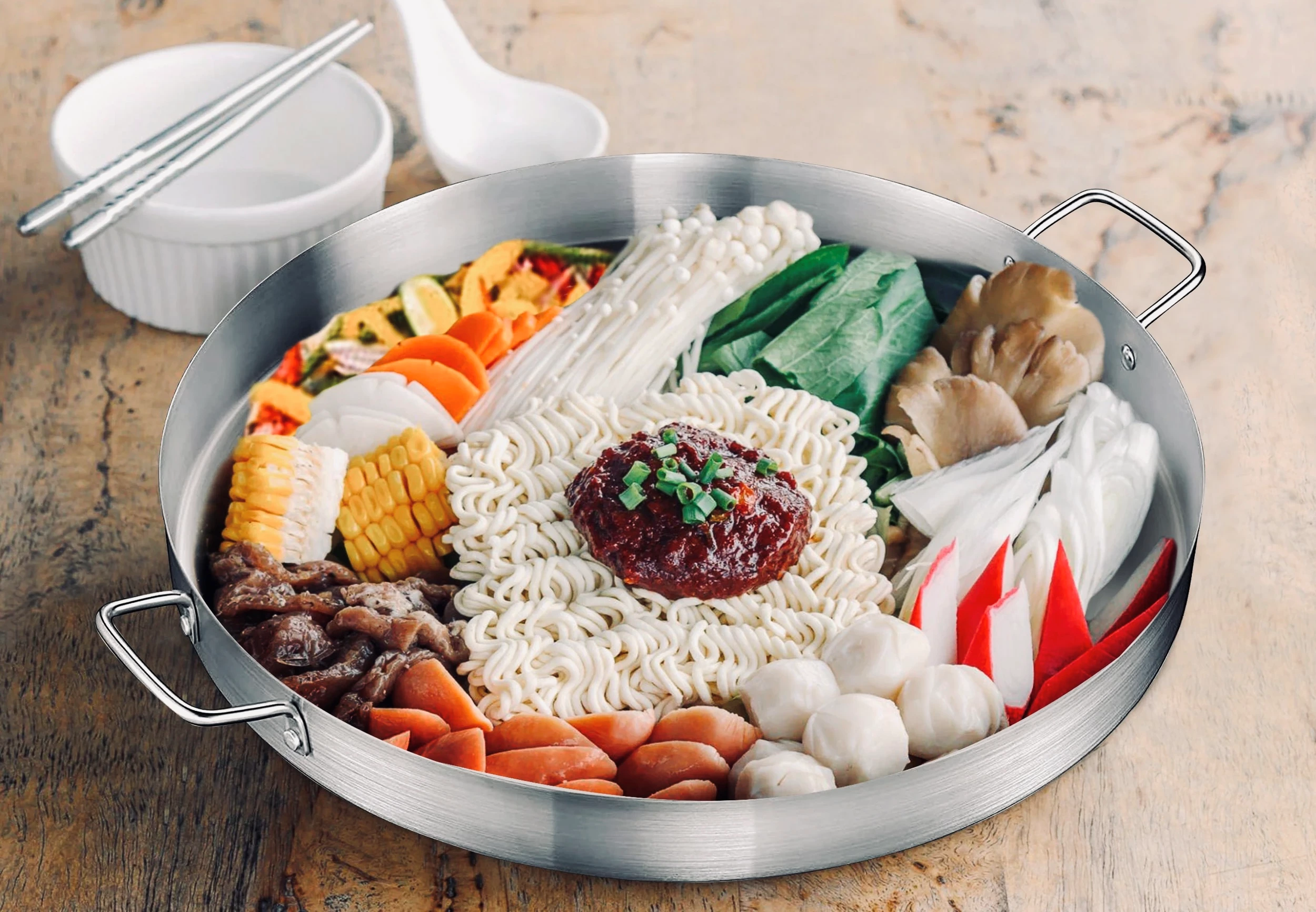 Stainless steel concave grill pan for cooking Korean Budae jjigae