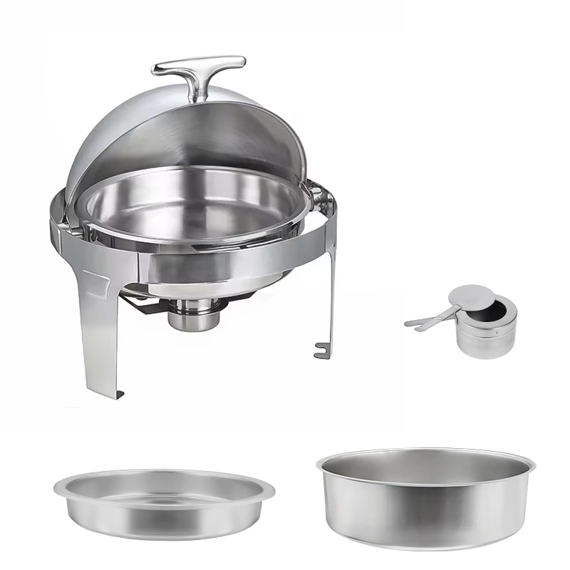 Stainless Steel 6 QT Roll Top Round Silver Chafing Dish Set