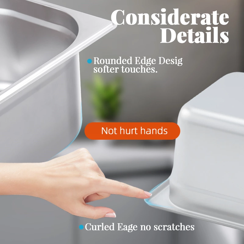 Full size stainless steel gastronorm container features smoothly rounded corners and a curled GN rim that won’t scratch or cut hands.