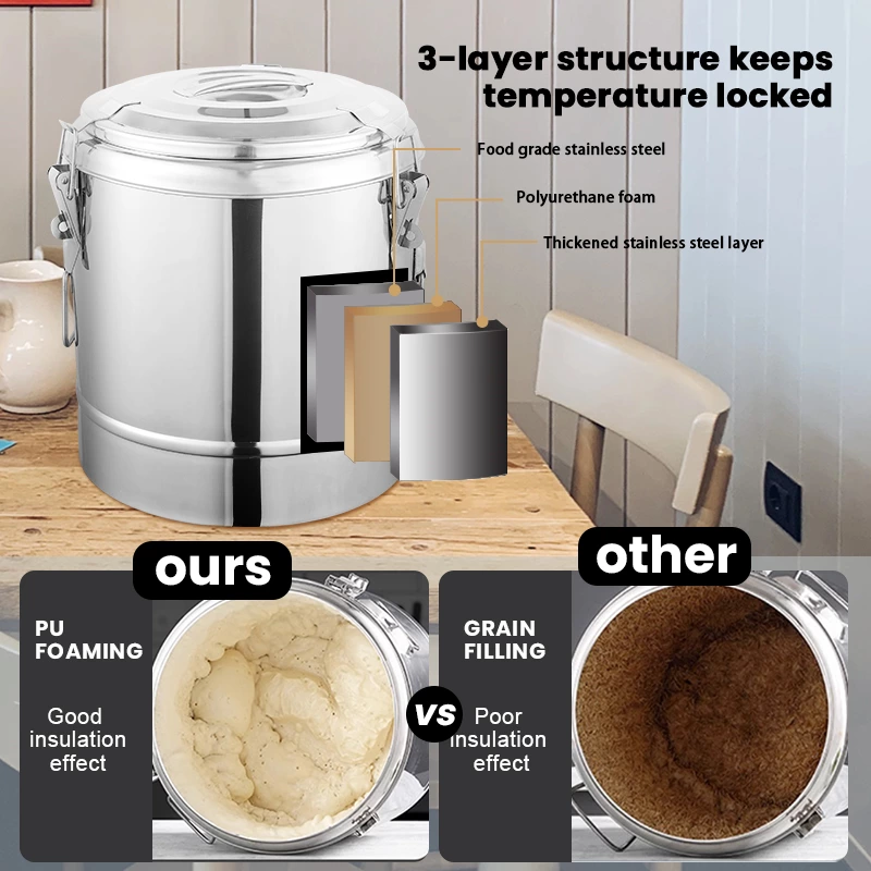 Food‑grade stainless steel, thick polyurethane foam insulation, and an outer stainless layer. 