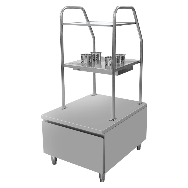 Stainless Steel Commercial Condiment Prep Station, Multi‑Tier Kitchen Spice Trolley with Storage Cabinet for Restaurant Buffet Catering