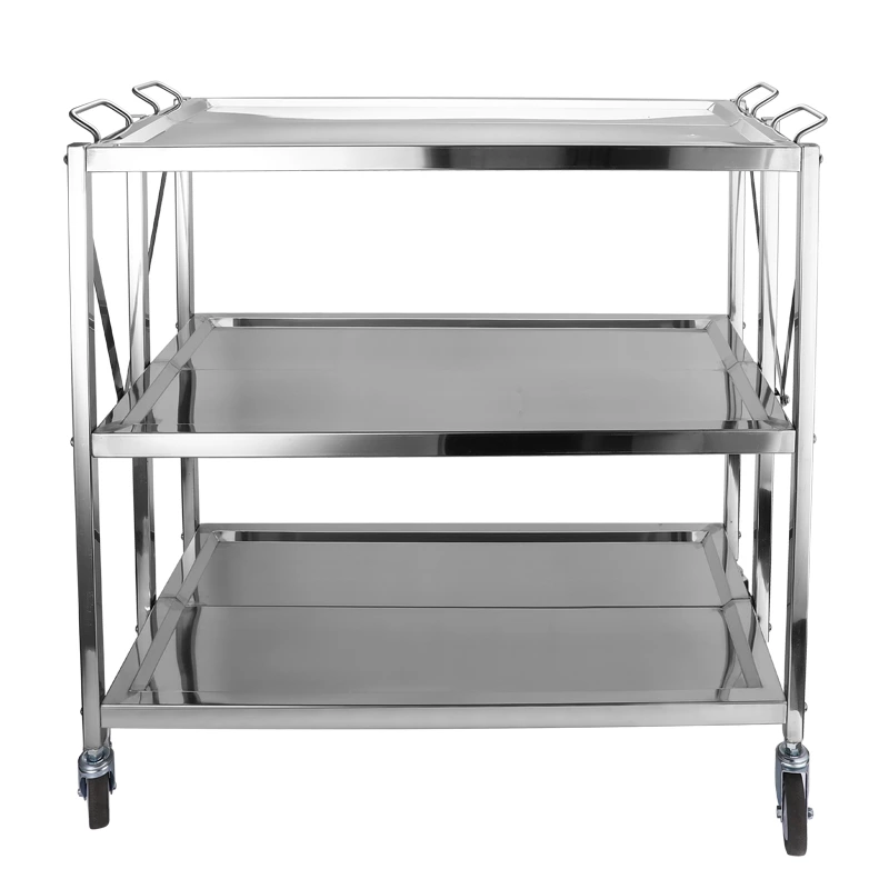 Foldable Stainless Steel 3-Tier Service Trolley, Collapsible Commercial Kitchen Storage Cart with Wheels
