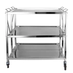 Foldable Stainless Steel 3-Tier Service Trolley, Collapsible Commercial Kitchen Storage Cart with Wheels