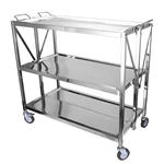 Foldable Stainless Steel 3-Tier Service Trolley, Collapsible Commercial Kitchen Storage Cart with Wheels