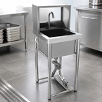 Stainless Steel Foot Operated Hand Wash Sink, Commercial Knee Operated Handwashing Basin with Splash Back for Restaurant Kitchen