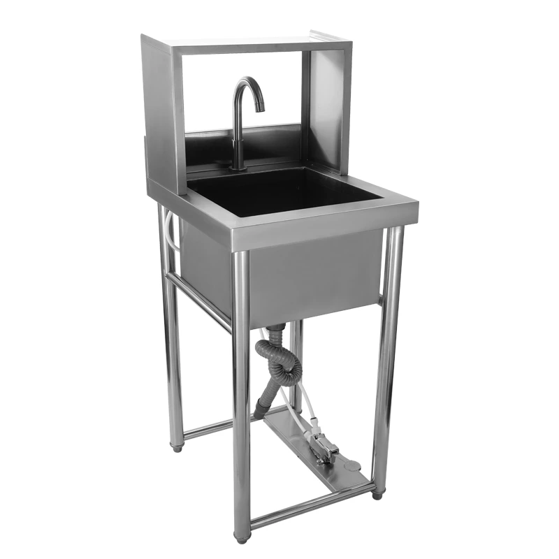 Stainless Steel Foot Operated Hand Wash Sink, Commercial Knee Operated Handwashing Basin with Splash Back for Restaurant Kitchen