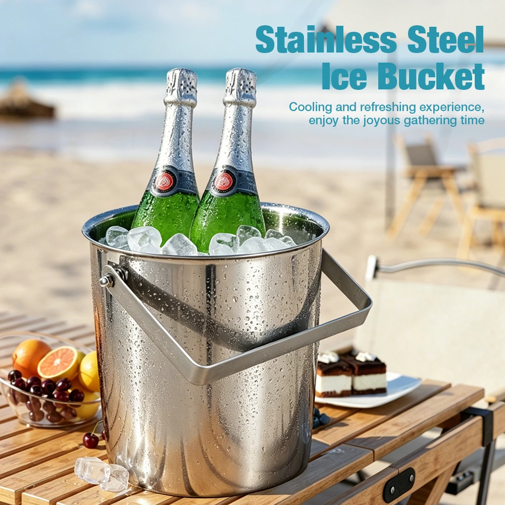 Stainless Steel Handled Ice Bucket, Portable Wine Champagne Cooler Bucket for Bar, Restaurant, Party