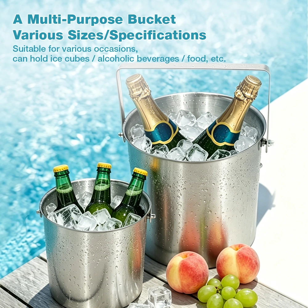 Stainless Steel Handled Ice Bucket, Portable Wine Champagne Cooler Bucket for Bar, Restaurant, Party