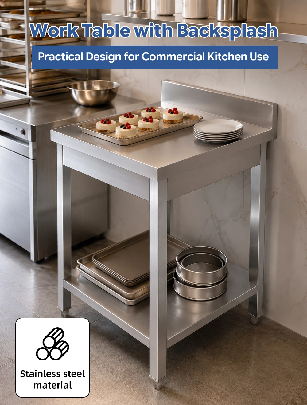 Stainless Steel Commercial Work Table with Backsplash & Undershelf, Heavy‑Duty Kitchen Prep Workbench for Restaurant Catering