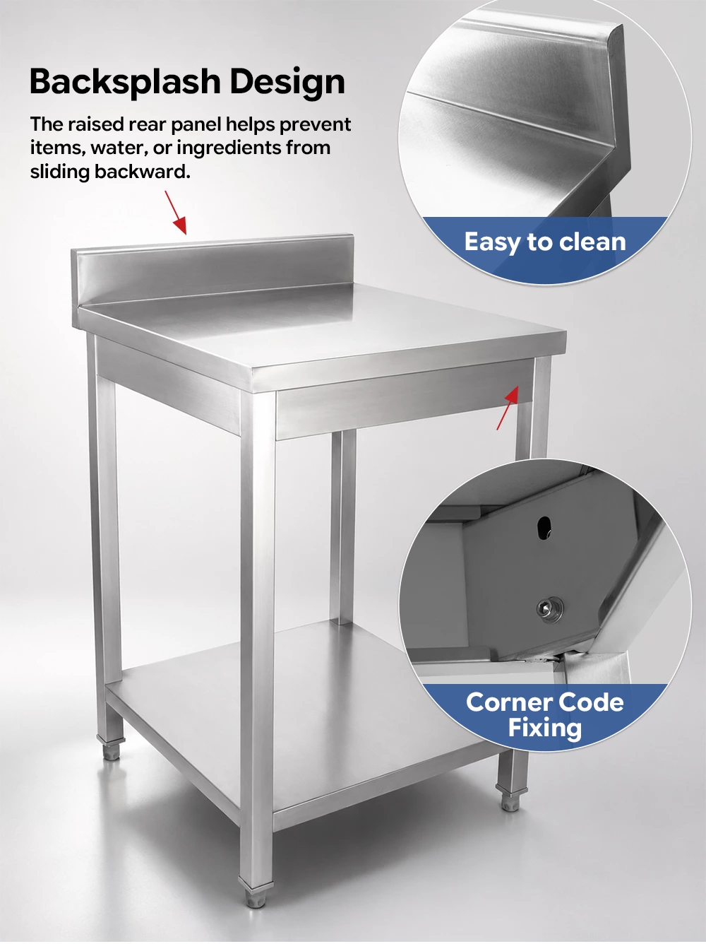 Stainless Steel Commercial Work Table with Backsplash & Undershelf, Heavy‑Duty Kitchen Prep Workbench for Restaurant Catering