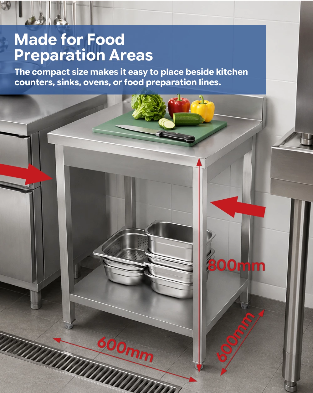 Stainless Steel Commercial Work Table with Backsplash & Undershelf, Heavy‑Duty Kitchen Prep Workbench for Restaurant Catering