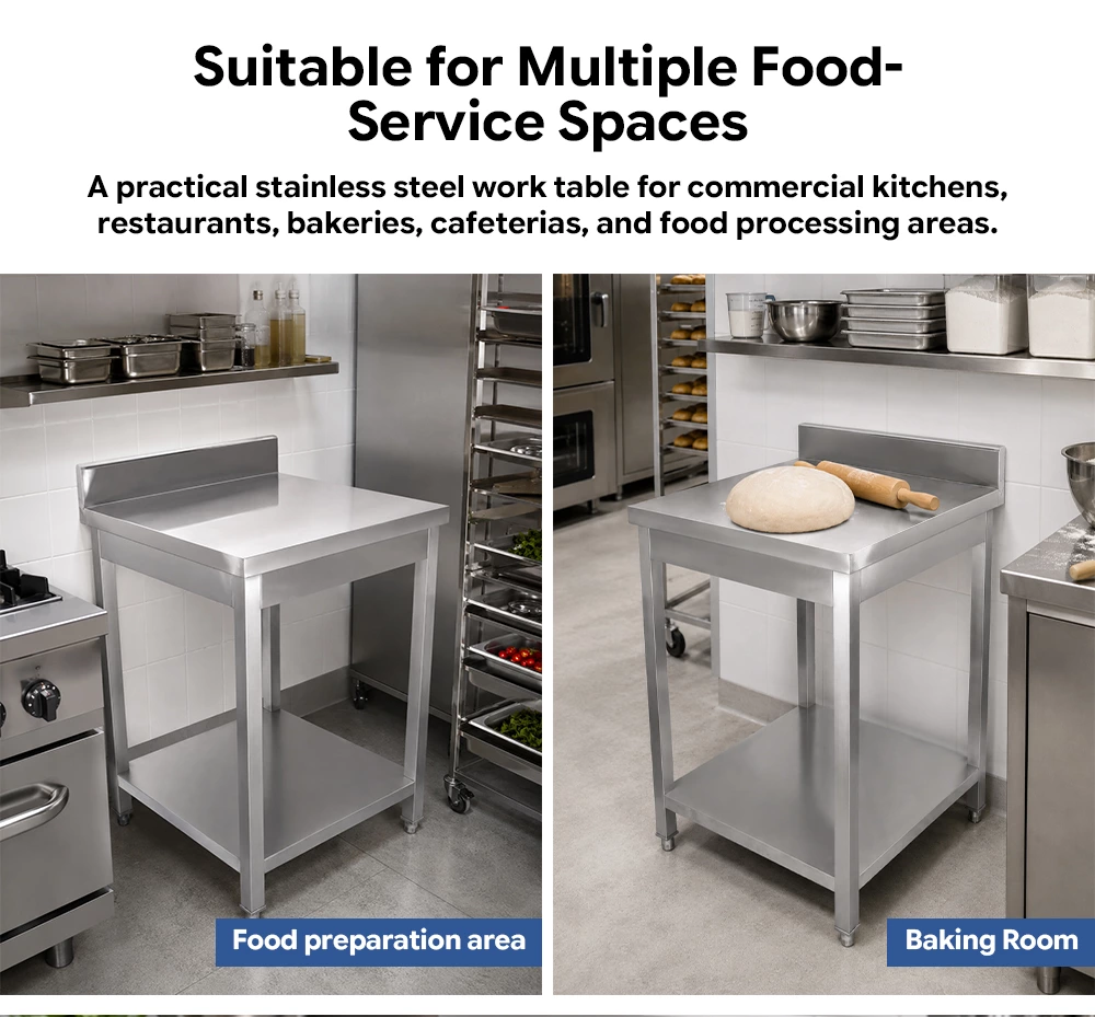 Stainless Steel Commercial Work Table with Backsplash & Undershelf, Heavy‑Duty Kitchen Prep Workbench for Restaurant Catering