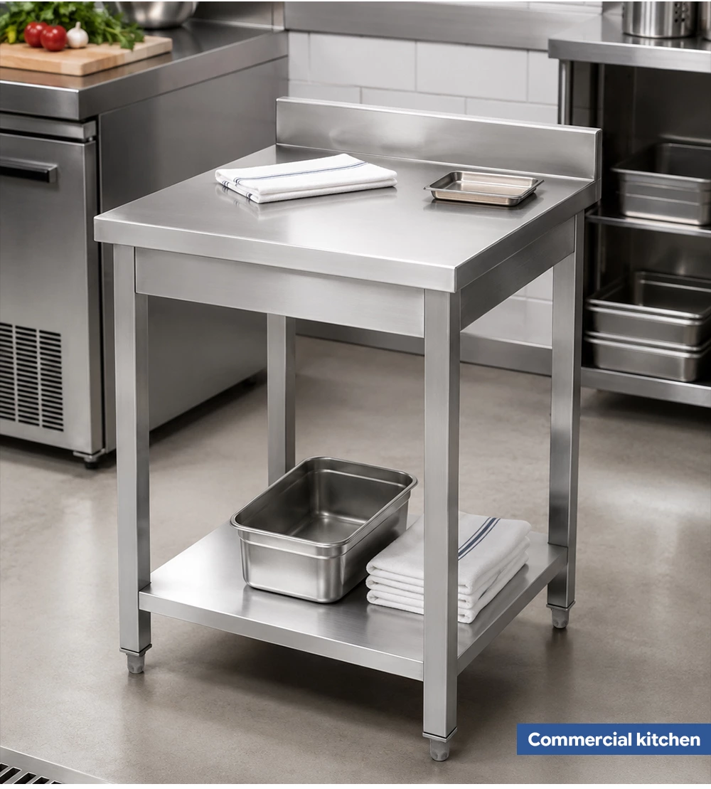 Stainless Steel Commercial Work Table with Backsplash & Undershelf, Heavy‑Duty Kitchen Prep Workbench for Restaurant Catering