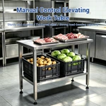Height‑Adjustable Stainless Steel Work Table with Hand Crank, Commercial Prep Table with Undershelf & Leveling Feet for Restaurant Kitchen