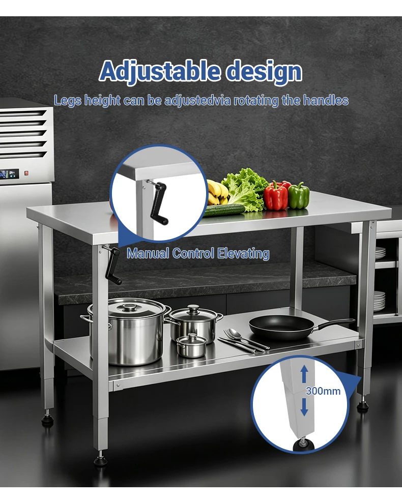 Height‑Adjustable Stainless Steel Work Table with Hand Crank, Commercial Prep Table with Undershelf & Leveling Feet for Restaurant Kitchen