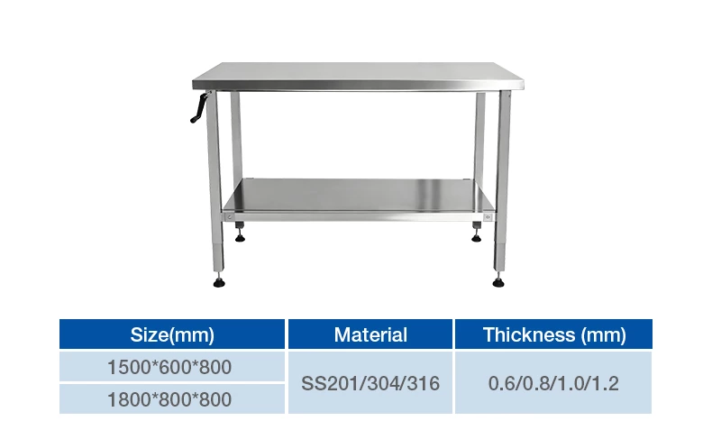 Height‑Adjustable Stainless Steel Work Table with Hand Crank, Commercial Prep Table with Undershelf & Leveling Feet for Restaurant Kitchen