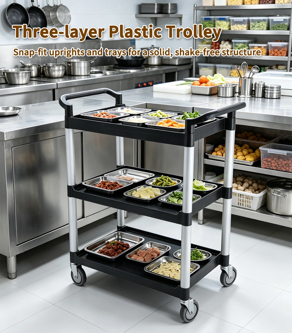 3‑Tier Plastic Utility Service Cart, Commercial Rolling Storage Trolley with Aluminum Frame for Hotel Restaurant Office