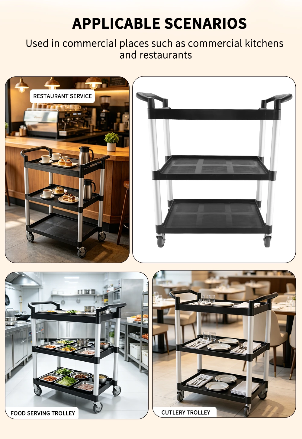3‑Tier Plastic Utility Service Cart, Commercial Rolling Storage Trolley with Aluminum Frame for Hotel Restaurant Office