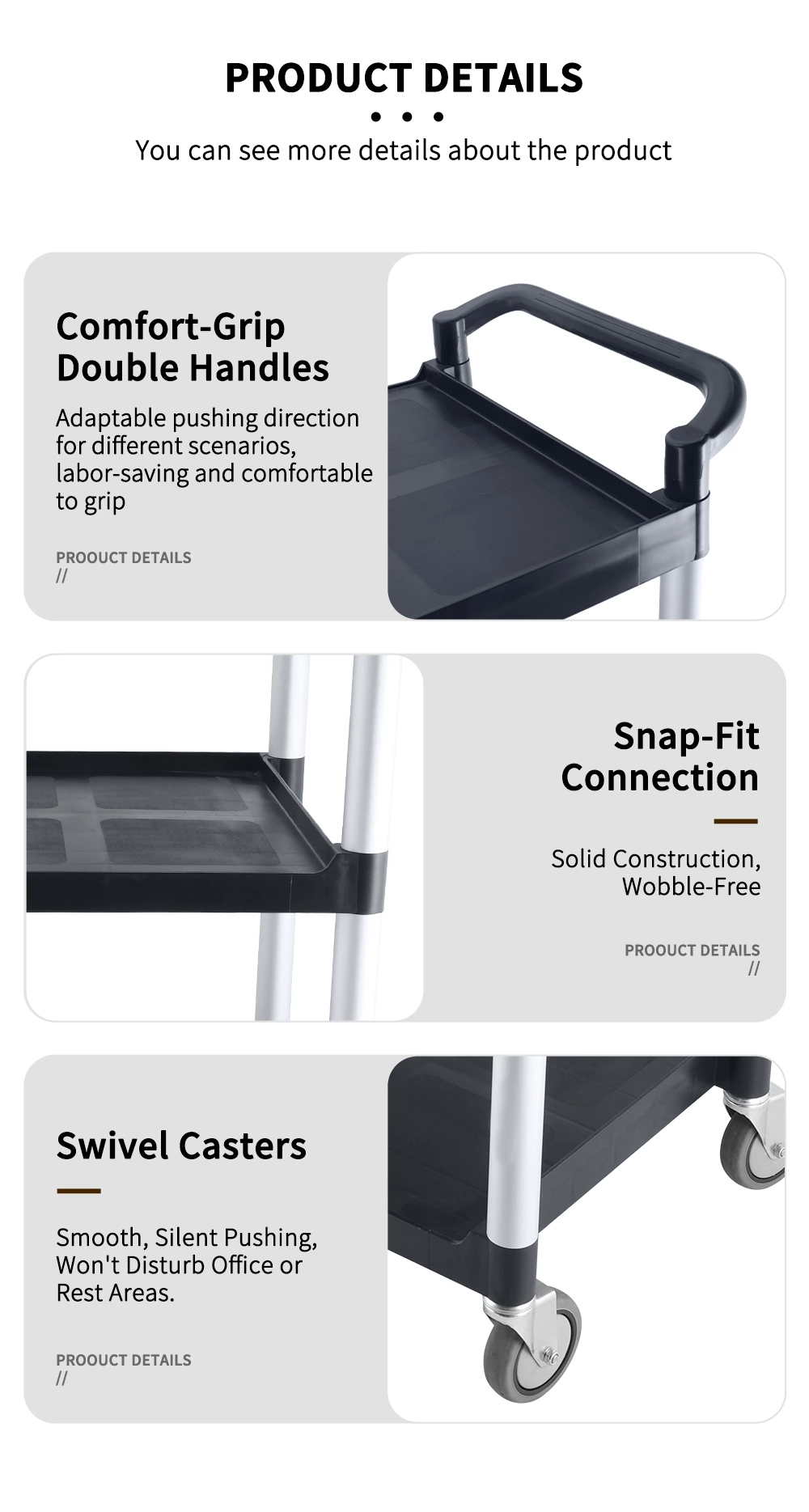 3‑Tier Plastic Utility Service Cart, Commercial Rolling Storage Trolley with Aluminum Frame for Hotel Restaurant Office