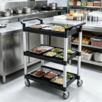 3‑Tier Plastic Utility Service Cart, Commercial Rolling Storage Trolley with Aluminum Frame for Hotel Restaurant Office