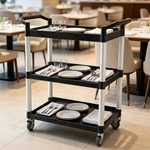 3‑Tier Plastic Utility Service Cart, Commercial Rolling Storage Trolley with Aluminum Frame for Hotel Restaurant Office