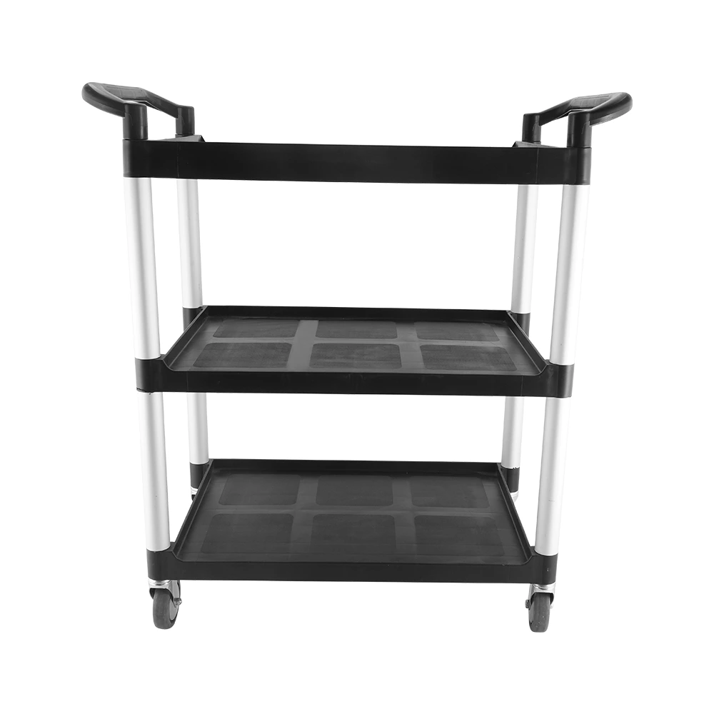 3‑Tier Plastic Utility Service Cart, Commercial Rolling Storage Trolley with Aluminum Frame for Hotel Restaurant Office