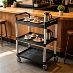 3‑Tier Plastic Utility Service Cart, Commercial Rolling Storage Trolley with Aluminum Frame for Hotel Restaurant Office