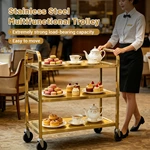 Gold Stainless Steel 3‑Tier Utility Service Cart, Commercial Square Tube Rolling Trolley with Wheels for Hotel Restaurant Catering