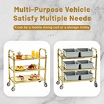 Gold Stainless Steel 3‑Tier Utility Service Cart, Commercial Square Tube Rolling Trolley with Wheels for Hotel Restaurant Catering