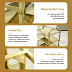 Gold Stainless Steel 3‑Tier Utility Service Cart, Commercial Square Tube Rolling Trolley with Wheels for Hotel Restaurant Catering