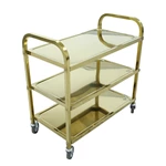 Gold Stainless Steel 3‑Tier Utility Service Cart, Commercial Square Tube Rolling Trolley with Wheels for Hotel Restaurant Catering