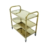Gold Stainless Steel 3‑Tier Utility Service Cart, Commercial Square Tube Rolling Trolley with Wheels for Hotel Restaurant Catering