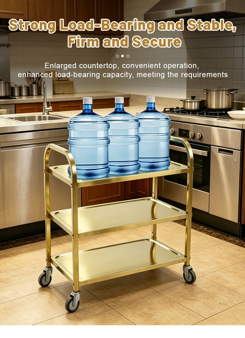 Gold Stainless Steel 3‑Tier Utility Service Cart, Commercial Square Tube Rolling Trolley with Wheels for Hotel Restaurant Catering