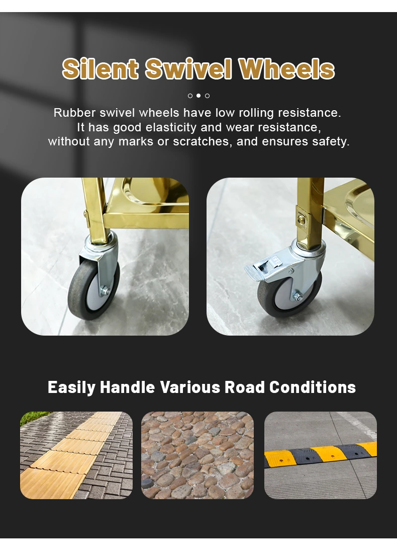 Gold Stainless Steel 3‑Tier Utility Service Cart, Commercial Square Tube Rolling Trolley with Wheels for Hotel Restaurant Catering
