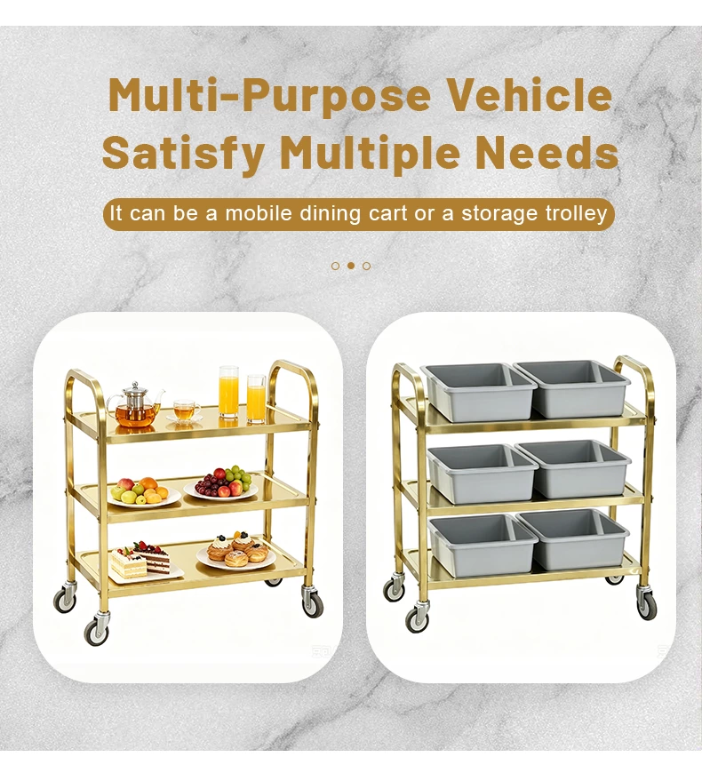 Gold Stainless Steel 3‑Tier Utility Service Cart, Commercial Square Tube Rolling Trolley with Wheels for Hotel Restaurant Catering