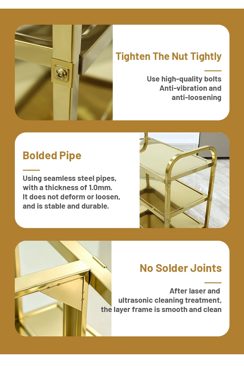 Gold Stainless Steel 3‑Tier Utility Service Cart, Commercial Square Tube Rolling Trolley with Wheels for Hotel Restaurant Catering