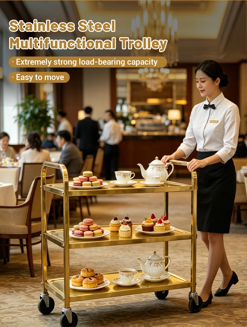 Gold Stainless Steel 3‑Tier Utility Service Cart, Commercial Square Tube Rolling Trolley with Wheels for Hotel Restaurant Catering