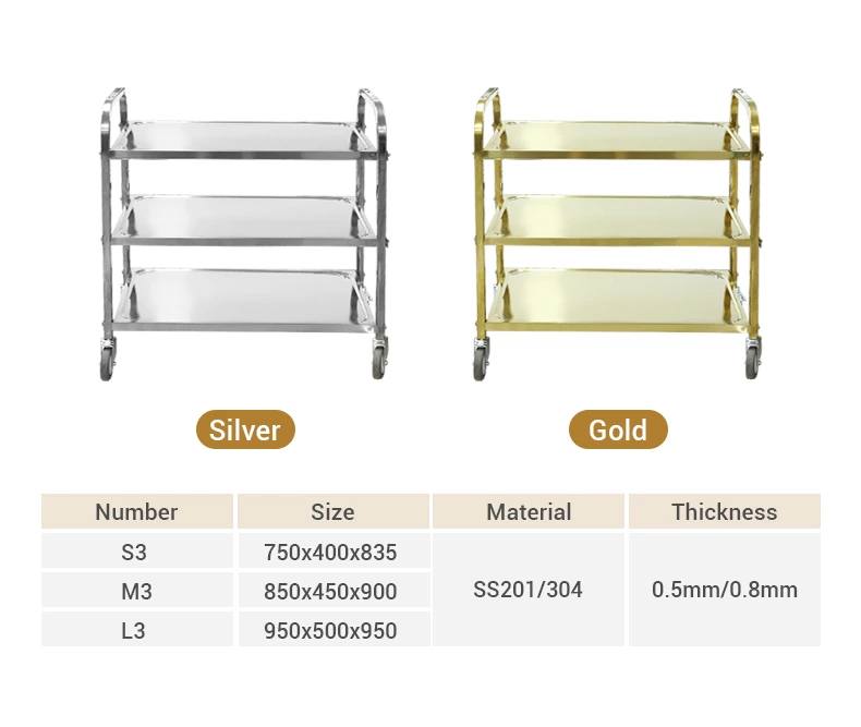 Gold Stainless Steel 3‑Tier Utility Service Cart, Commercial Square Tube Rolling Trolley with Wheels for Hotel Restaurant Catering