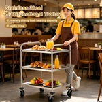 3‑Tier Stainless Steel Service Cart, Commercial Round Tube Rolling Utility Trolley with Brake Wheels for Hotel Restaurant Kitchen
