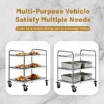 3‑Tier Stainless Steel Service Cart, Commercial Round Tube Rolling Utility Trolley with Brake Wheels for Hotel Restaurant Kitchen