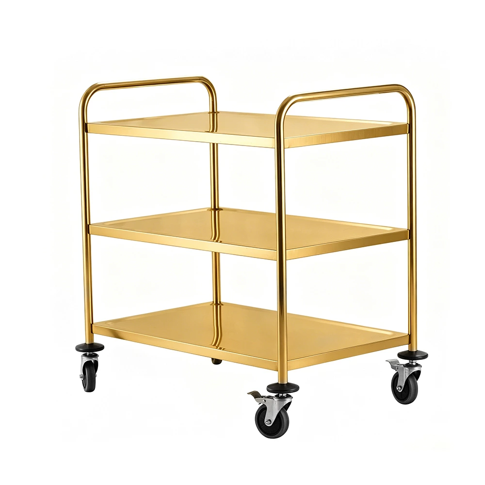 3‑Tier Stainless Steel Service Cart, Commercial Round Tube Rolling Utility Trolley with Brake Wheels for Hotel Restaurant Kitchen