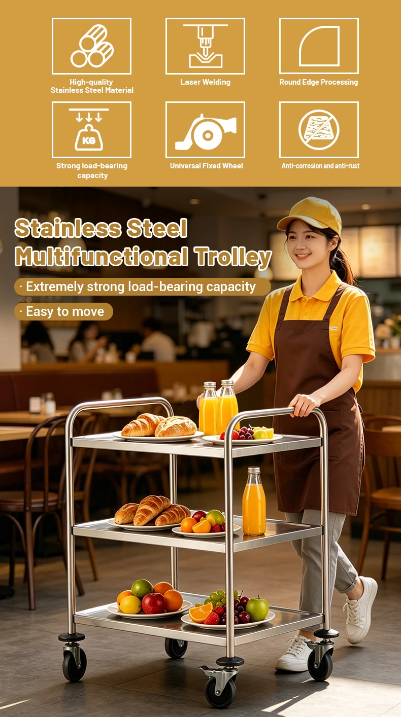 3‑Tier Stainless Steel Service Cart, Commercial Round Tube Rolling Utility Trolley with Brake Wheels for Hotel Restaurant Kitchen