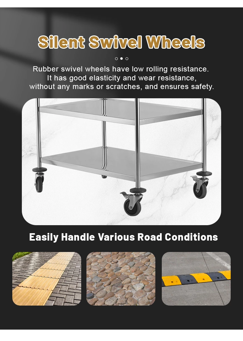 3‑Tier Stainless Steel Service Cart, Commercial Round Tube Rolling Utility Trolley with Brake Wheels for Hotel Restaurant Kitchen