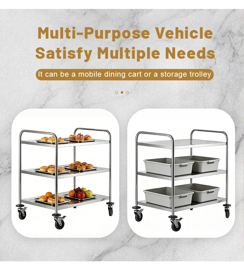 3‑Tier Stainless Steel Service Cart, Commercial Round Tube Rolling Utility Trolley with Brake Wheels for Hotel Restaurant Kitchen