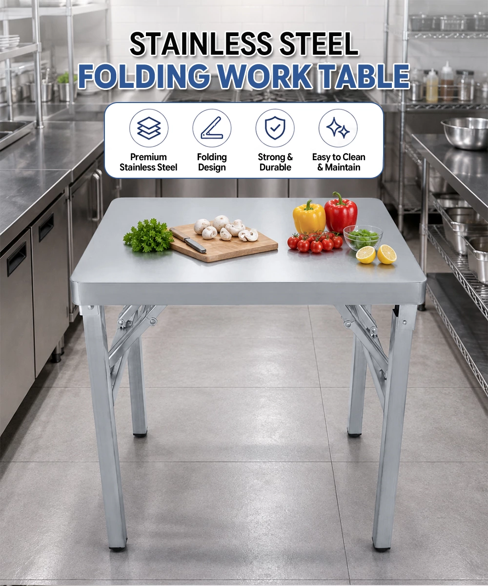 Heavy Duty Stainless Steel Folding Work Table, Portable Foldable Kitchen Prep Workbench for Restaurant, Food Truck, Home & Garage