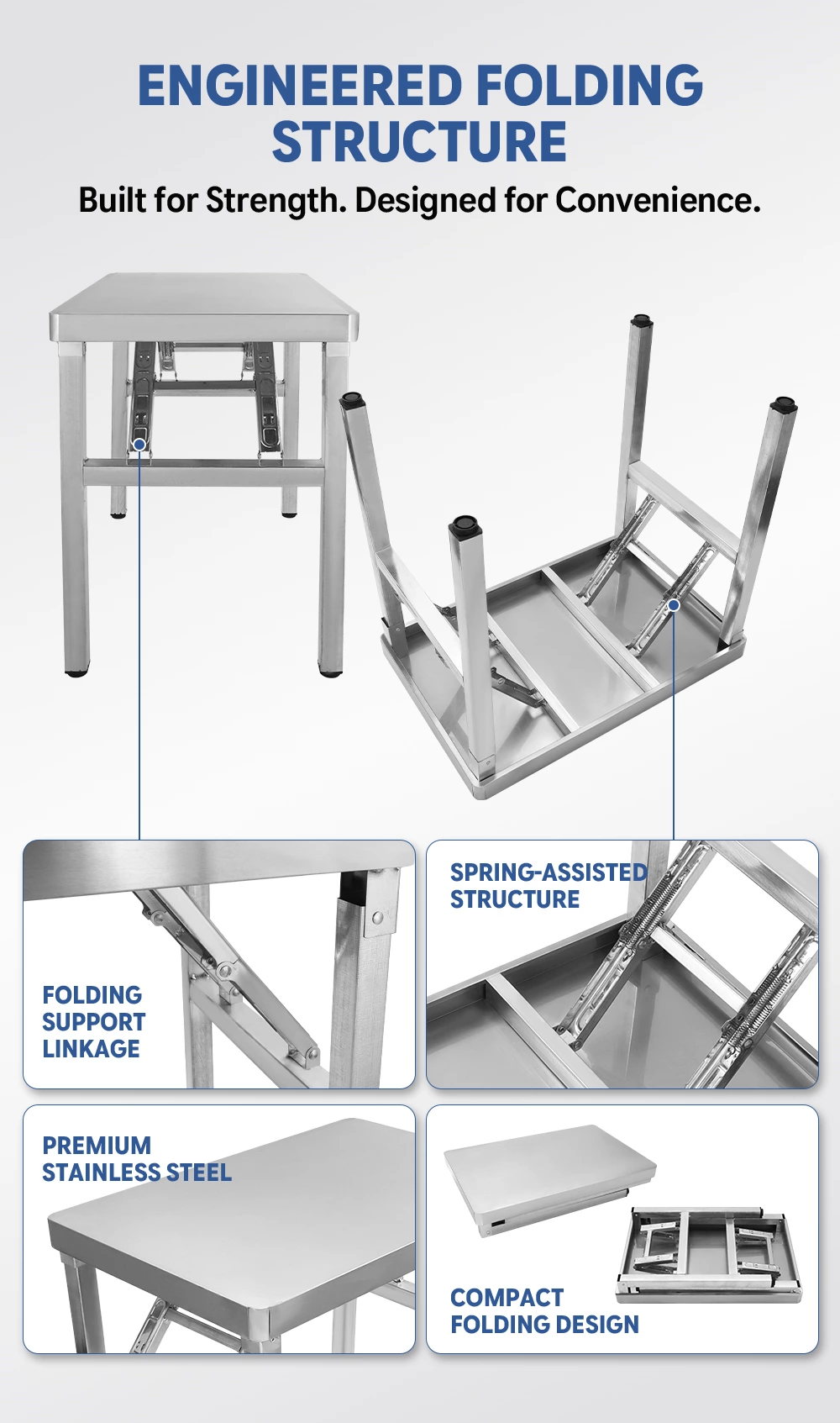Heavy Duty Stainless Steel Folding Work Table, Portable Foldable Kitchen Prep Workbench for Restaurant, Food Truck, Home & Garage