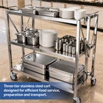 Foldable Stainless Steel 3-Tier Service Trolley, Collapsible Commercial Kitchen Storage Cart with Wheels