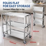 Foldable Stainless Steel 3-Tier Service Trolley, Collapsible Commercial Kitchen Storage Cart with Wheels