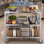 Foldable Stainless Steel 3-Tier Service Trolley, Collapsible Commercial Kitchen Storage Cart with Wheels
