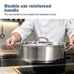 Commercial Shallow Stainless Steel Stew Pot With Lid, Welded Double‑Handled Low‑Profile Stock Pot For Restaurant Kitchen